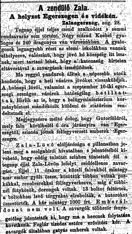 Részlet a „A zendülő Zala.” c. cikkből (Forrás: Budapesti Hírlap, 1883. 08. 29., 3−4. o.)
